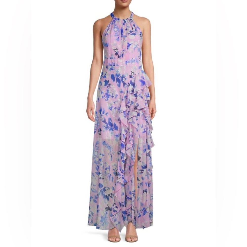 ELIZA J Floral Halter Ruffle Maxi Dress
